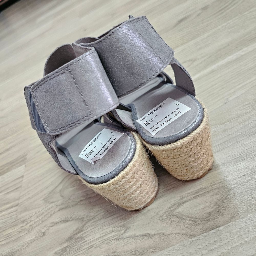 EILEEN FISHER 'willow' Espadrille Wedge Sandal In Pewter Metallic Suede Platform - Picture 3 of 8